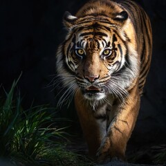 Fototapeta premium A tiger emerging from deep darkness into a patch of light. Its intense gaze and partially open mouth, showing sharp teeth, create a fierce and intimidating expression. 