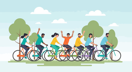 Fototapeta premium Happy group of people enjoying cycling on a bright sunny day in the park with bikes