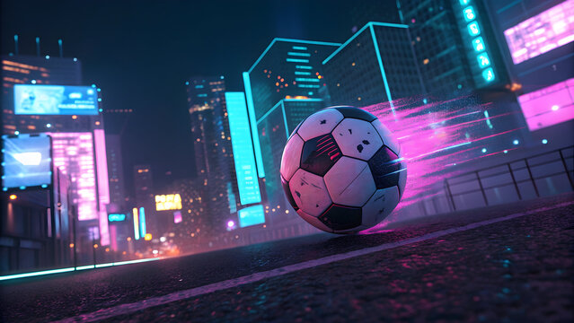 Soccer ball in motion with digital glitch art effect against neon city skyline at night full hd 4k stock image download - Powered by Adobe
