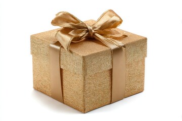 Obraz premium Elegant golden gift box with shimmering ribbon and bow, ready for celebration.