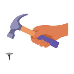 Hand holding a hammer ready to strike a nail on a flat surface during a DIY home improvement project.