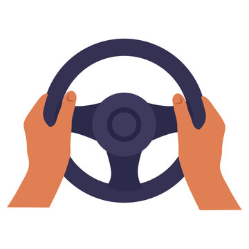Hands gripping a steering wheel while driving on a sunny day, showcasing focus and control in urban traffic