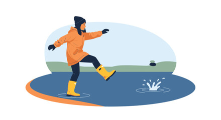 Happy young person having fun kicking water on a puddle illustration abstract design