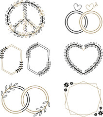 minimalist botanical geometric emblems with leaves daisies rings frames heart peace vector pack