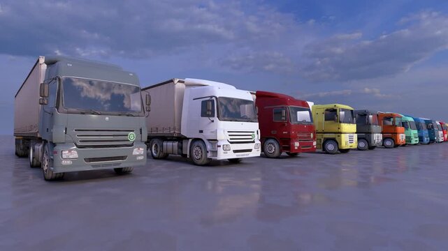 Busy logistics hub with trucks in an industrial setting under a clear sky during sunset showcasing transportation and shipping activities. A line of modern commercial trucks in different colors 