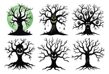 Spooky Halloween Trees with Evil Faces – Scary Forest Horror Vector Set
