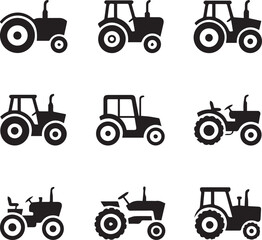 tractor silhouettes grid set nine vector icons for farm equipment identification and ui design ai eps jpeg png