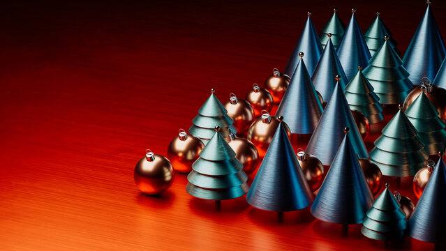 Festive Christmas scene with colorful trees and shiny balls