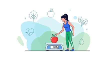 Healthy Lifestyle Embodied: Woman's Wellness Journey With Apple and Weight Scale Illustration