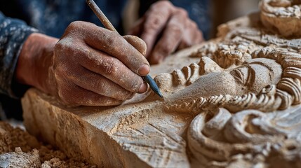 A sculptor carves a figure in stone