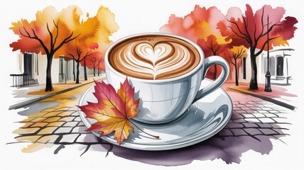 Stylized autumn coffee scene with vibrant trees, street view and latte art. Warm seasonal artwork for printable design, stationery or lifestyle-themed visuals.