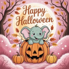 Festive Halloween composition with elephant in jack-o'-lantern, pink foliage, glowing moon and pumpkins. Cute seasonal illustration for printable decor or themed projects.