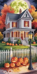 Halloween night composition with decorated home, pumpkins, street lamps and autumn leaves. Warm seasonal illustration for printable decor or themed design.
