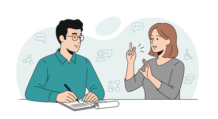 Illustration depicting a person communicating using sign language with someone listening attentively