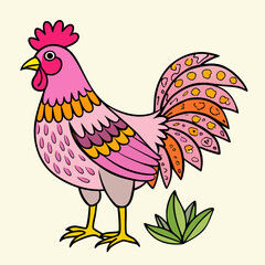 Whimsical Pink Rooster with Colorful Tail Feathers