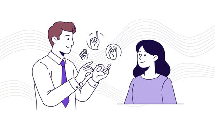 Illustration depicting communication and interaction using sign language in a conversation