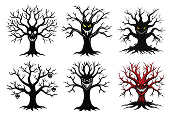 Scary Halloween Tree Faces Collection – Creepy Haunted Forest Vector Set

