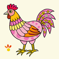 Pink and Yellow Rooster with Polka Dots and Swirls Keywords: rooster, chicken, bird, fowl