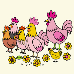 Pink and yellow cartoon chickens and flowers rooster