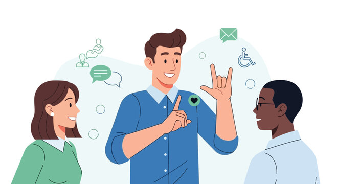 Illustration depicting sign language communication and inclusivity in an inclusive society