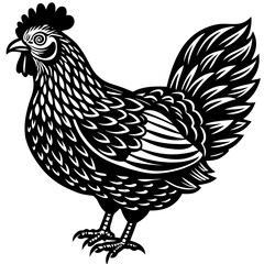 Black and white graphic of a hen with patterned plumage on white
