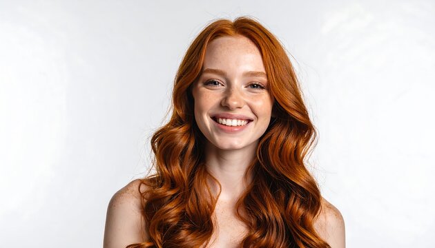 A joyful redhead woman with a radiant smile and wavy hair against a simple white backdrop.