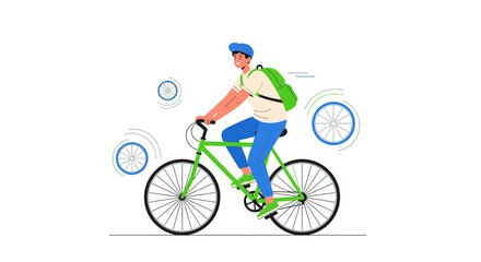 Naklejka premium Illustration of a man riding a green bicycle with a backpack, against a white background