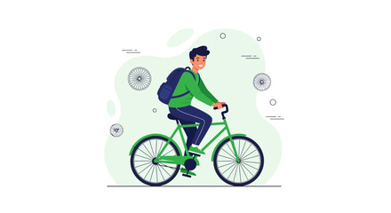 Fototapeta premium Illustration of a man riding a green bicycle with a backpack on, enjoying the outdoors