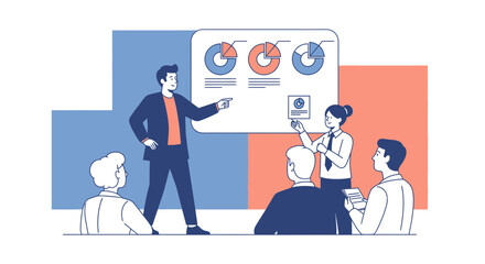 Illustration of a business presentation with charts and graphs for businesspeople