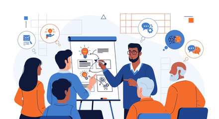 Illustration of a Business Presentation with Team Members, Idea Generation and Communication