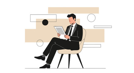 Illustration of a businessman in a suit reading documents while seated in a chair