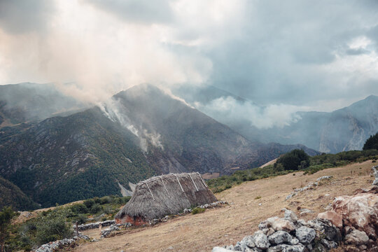 Smoke from forest fires in Somiedo Valley, Asturias