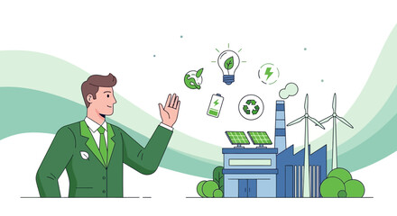 Illustration of a businessman promoting sustainable energy and environmental protection
