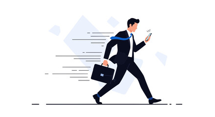 Illustration of a businessman walking fast looking at his phone with brief case, vector