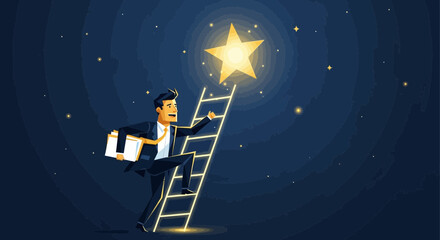 Illustration of a businessman reaching for a star to achieve his goals and success