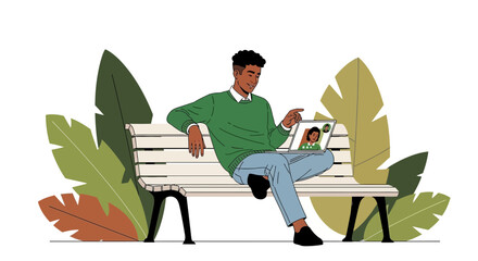 Illustration of a man video calling on a laptop while sitting on a park bench