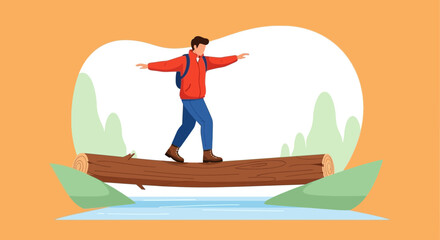 Illustration of a man walking on a log over water depicting a person overcoming obstacles