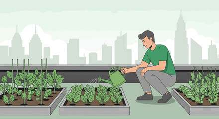 Illustration of a man watering plants in a rooftop urban garden with city skyline background