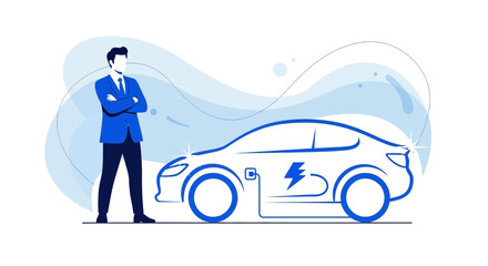 Illustration of a businessman with an electric car, promoting sustainability and clean energy