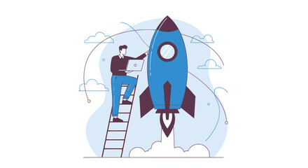 Illustration of a man with a laptop preparing to launch a rocket into the sky