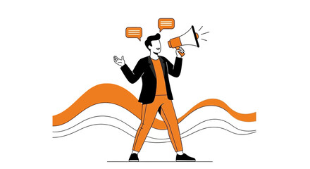 Illustration Of A Man With A Megaphone Announcing And Sending Message Over The Air