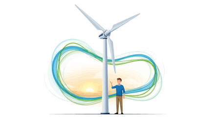 Illustration of a man with a wind turbine and abstract elements, renewable energy concept