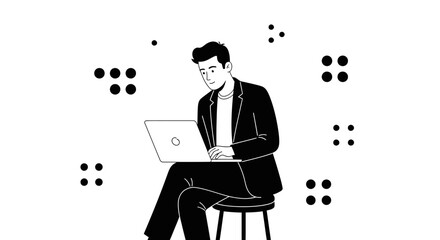 Illustration of a Man Working on Laptop in Black and White Style for Business