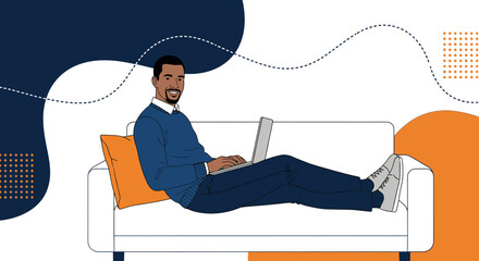 Illustration of a man working on his laptop while relaxing on a couch in his home