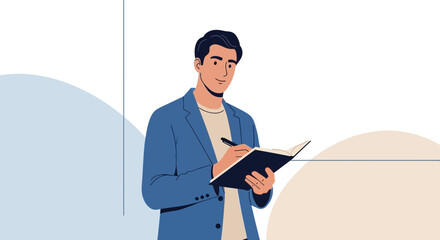Illustration of a man writing in a notebook, suitable for business or planning