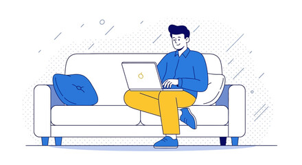 Illustration of a man working on a laptop while sitting on a couch, remote work
