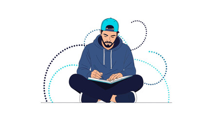 Illustration of a man writing, sitting cross-legged, perfect for design and inspiration