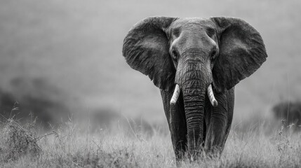 Naklejka premium Majestic elephant walking toward camera at golden sunset in African savanna, cinematic photo style