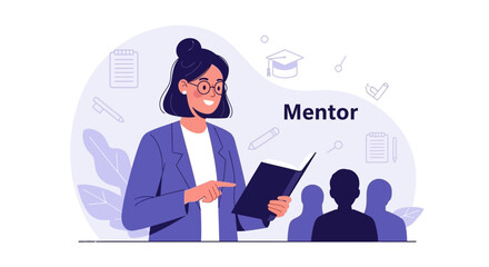 Illustration of a Mentor Guiding a Group of People with a Book and Advice