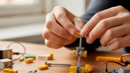 Hands assembling small mechanical structure with colorful plastic parts and gears, showcasing learning corner for skill development and creative schooling activities